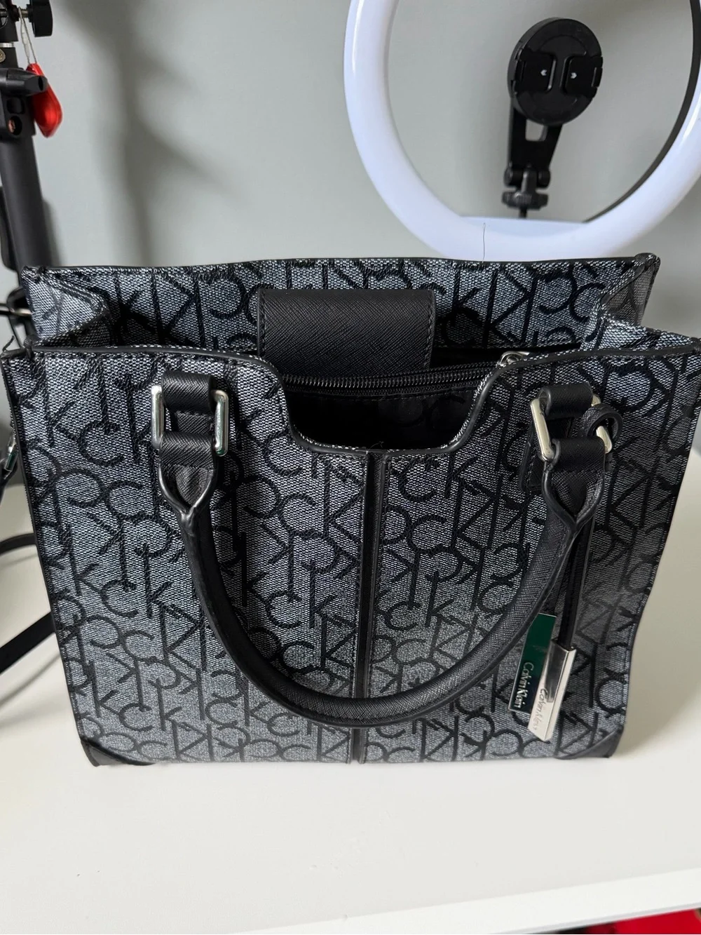 Calvin Klein Black Monogram Satchel with Top Handles